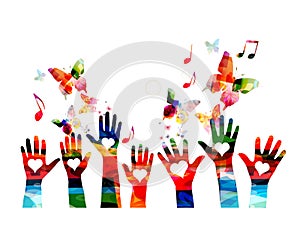 Music colorful background with music notes and hands vector illustration. Artistic music festival poster, live concert, creative l