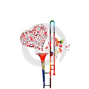 Music colorful background with music notes and trombone vector illustration design. Music festival poster, live concert, creative