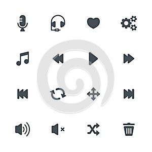 Music and Communication flat gray icons set of 16