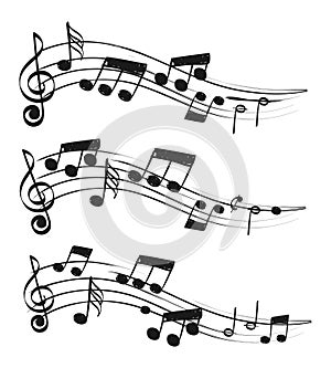 Music compositions. Doodle tune isolated decoration artimages, musical notes sketch, musically singing tuning draws on
