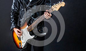 Music concept. Guitar acoustic. Play the guitar. Live music. Music festival. Instrument on stage, band. Electric guitar