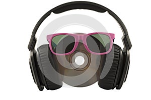 music concept, headphone and cd with sun glasses