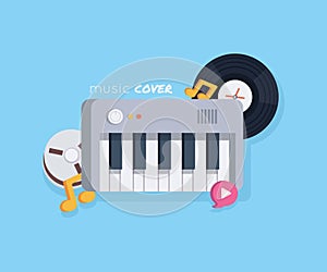 Music concept with music tools in flat style: synthesizer, record, notes, recordable babin . Vector illustration