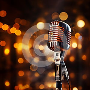 Music concept Retro microphone on stage with bokeh background