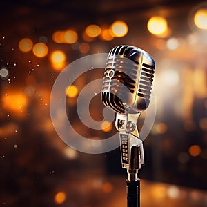 Music concept Retro microphone on stage with bokeh background