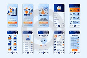 Music concept screens set for mobile app template. People listen to favorite playlists, discover songs and podcasts. UI, UX, GUI