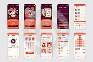 Music concept screens set for mobile app template. People listen to favorite songs playlists, use family subscription. UI, UX, GUI