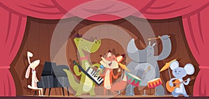Music concert animals. Outdoor illustrations with zoo animals play music instruments exact vector cartoon background