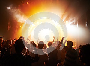 Music concert, band or silhouette audience with music, rock and live performance, energy and festival with men or women