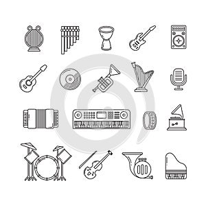 Music concert instruments thin line vector icons