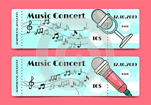 Music concert ticket template banners vector illustration. Concert, party or festival invitation with microphone and