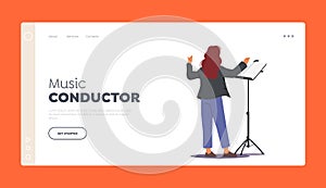 Music Conductor Landing Page Template. Character Perform on Stage Directing with Notebook and Symphony Orchestra