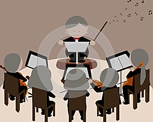 Music conductor in tuxedo suit and symphonic orchestra icon vector illustration