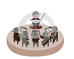 Music conductor in tuxedo suit and symphonic orchestra on stage icon vector illustration