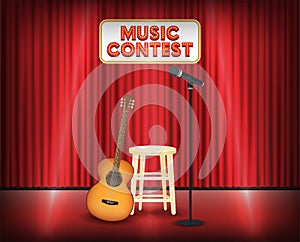 Music contest stage with guitar and microphone