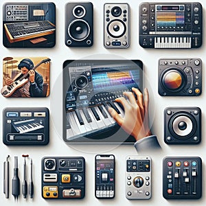 Music creation app interface with virtual instruments, recordin