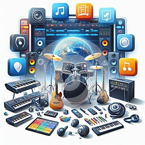 Music creation app interface with virtual instruments, recordin