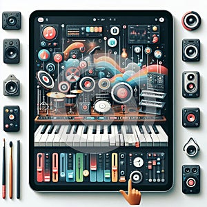 Music creation app interface with virtual instruments, recordin