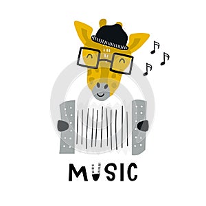 Music - Cute hand drawn nursery poster with cartoon giraffe animal character with accordion and lettering.