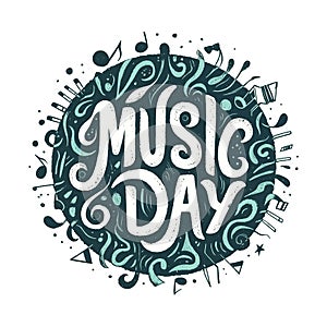 Music day. The design is colorful and playful, with a round shape and lots of musical notes and symbols. The font is