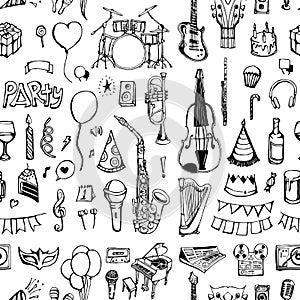 Music doodle background seamless pattern. Drawing vector illustration hand drawn eps10