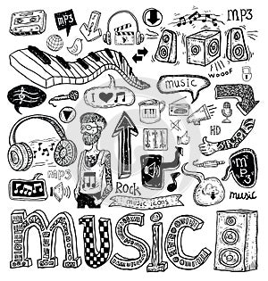 Music doodle collection, hand drawn illustration.