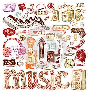 Music doodle collection, hand drawn illustration.