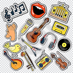 Music Doodle with Guitar, Microphone and Headphones. Musical Stickers, Patches and Badges