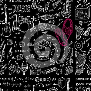 Music doodle seamless background seamless pattern. Drawing illustration hand drawn vector on chalkboard eps10