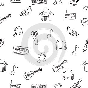 Music doodle seamless pattern in cute hand drawn style