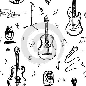 Music Doodle Vector pattern. Hand drawn sketch of guitar and microphone isolated