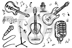 Music Doodle Vector Set. Hand drawn sketch of guitar and microphone isolated