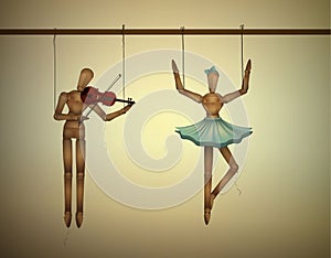 Music duet concept, merionettes couple one dancing and one playing violine,
