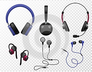 Music earphones. Various types realistic earbuds, wireless headset and portable in ear headphones, sound gadget