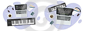 Music electronic studio production record work desk vector graphic illustration, musician sound audio editor software on computer photo