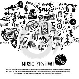 Music elements. Grunge musical background. Vector illustration. Black notes symbols for music festival backgraunds. Note