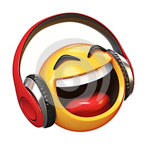 Music emoji with headphones isolated on white background, emoticon with earphones 3d rendering