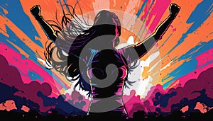 Music event background with a silhouette of dancing woman. Generative AI illustration