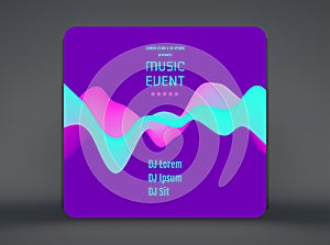 Music event flyer or banner. Party design with place for text. 3D wavy background with dynamic effect. Vector illustration