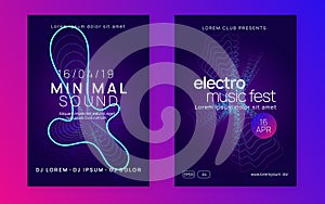 Music fest neon flyer. Electro dance. Electronic trance sound. Techno dj party. Club event poster.