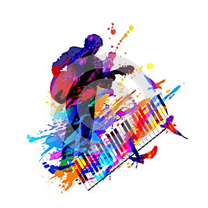 Music festival background for party, concert, jazz, rock festival design with musician, guitarist and flying birds photo