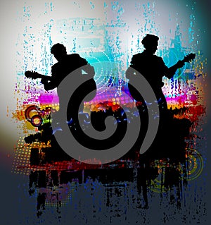 Music festival background for party, concert, jazz, rock festival design with musician, guitarist and flying birds