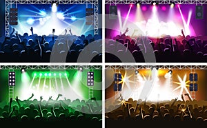 Music festival or concert streaming stage scene with lights fanzone vector illustration party human hands silhouette
