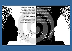 Music festival flyer, leaflet. Monochrome symmetric design, black and white. Woman face profile cut out, musical notes