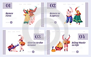 Music Festival in India Landing Page Set. Musician Playing Musical Instrument Dhol, Drum, Flute and Sitar at National Instrumental