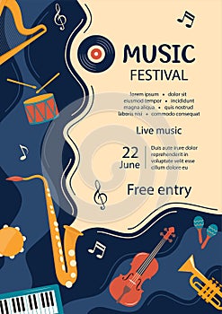 Music festival invitation. Musical flyer, poster template. Musical instruments and vinyl record. Guitar, synthesizer, violin,