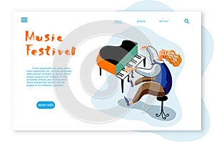 Music festival landing page template. Grand piano player cartoon character