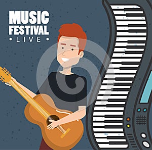 Music festival live with man playing acoustic guitar