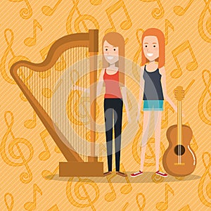 Music festival live with women playing harp and guitar