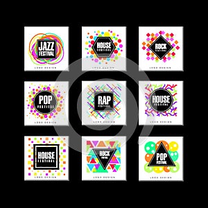 Music Festival logo set, classic, house, pop, rap, jazz music design element vector Illustrations